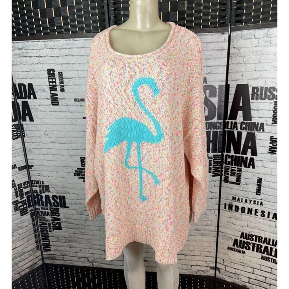 Torrid Plus 4 Pink Marled Blue Flamingo Graphic Ribbed Trim Long Sleeve Sweater - Picture 2 of 6